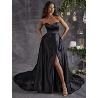 robes de mariée noires tissu en satin a-ligne sans manches split front avec train robe de mariée personnalisation gratuite