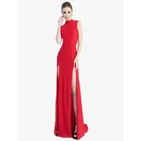 robes de soirée robe fendue semi-formelle rouge à col bijou sans manches à fente haute