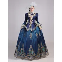 robe vintage bleu rétro costumes femmes dentelle volants tunique couvre-chef robe marie antoinette royal fête robe de bal déguisement médiéval