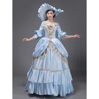 robe vintage bleu ciel clair rétro costumes dentelle chapeau femme marie antoinette tunique royale mascarade robe de bal déguisement médiéval