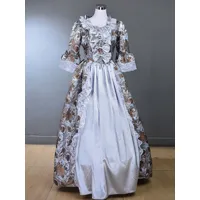 robe vintage costumes rétro gris clair volants imprimé fleuri marie antoinette robe tunique royale femme 18ème siècle déguisement médiéval