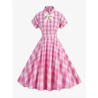 robe vintage rose des années 1950 à manches courtes robe trapèze à carreaux