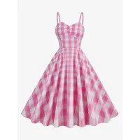 robe vintage rose à carreaux des années 1950 robe trapèze à bretelles plissées