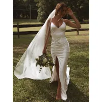robe de mariée simple sirène col en v sans manches robes de mariée plissées personnalisation gratuite