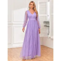 robes de soirée fendue robe semi-formelle violette plissée à col en v manches longues