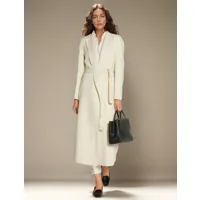 manteau long femme col rabattu ceinture décontracté manteau poche blanc