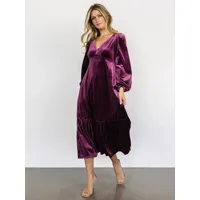 robe en velours violette plissée manches longues col en v robe mi-longue d'hiver