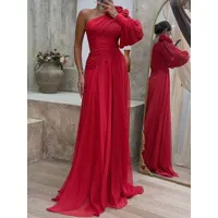 robes de soirée longue robe semi-formelle rouge une épaule nue manche longue
