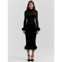 robe en velours noire fendue manches longues transparentes sexy robe mi-longue
