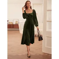 robe en velours vert plissée col carrée manches longues chic robe mi-longue extensible