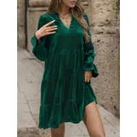 robe en velours vert foncé grande taille plissée décontractée manches longues col en v robe mi-longue