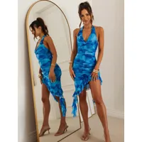robes moulantes bleu bicolore dos nu volants chic robe fourreau asymétrique