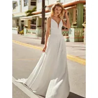 robes de mariée vintage col en v sans manches taille naturelle tissu en satin traîne court robes de mariée en dentelle