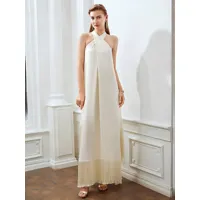 robes droites blanches écru robe longue attrayante plissée à licou avec frange