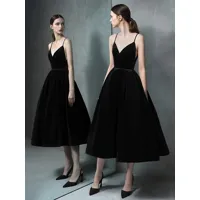 robe en velours noir bretelles printemps vintage sexy longue robe midi