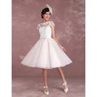robe de mariée vintage courte col rond manche courte boutonné sur dos