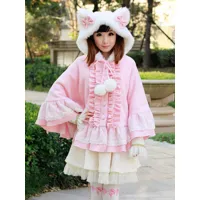 doux lolita poncho manteau rose capuche oreille chat ruffles hiver laine manteau déguisements halloween