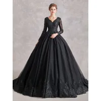 robes de mariée noires gothiques a-ligne manches longues en dentelle avec train robe de mariée personnalisation gratuite