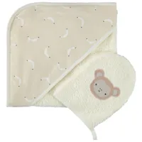 set de bain cape + gant de toilette patch brodé singe pour bébé - ecru