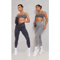 lot de 2 leggings de sport côtelés délavés gris & noir à taille haute sans coutures, gris