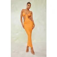 robe longue texturée mandarine découpée à détail noué, mandarine