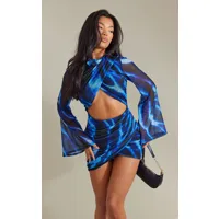 robe moulante à imprimé abstrait bleu en mesh à découpes et manches flare, bleu