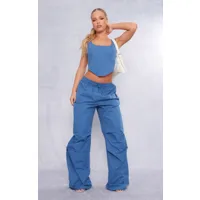 pantalon cargo en nylon froncé bleu à cordons ajustables, bleu