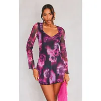 robe droite en mesh imprimé violet fleuri à détail armatures, violet
