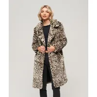 superdry aux femmes empreinte d'animal manteau long vintage en fausse fourrure, beige et noir, taille: 38