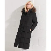 superdry femme manteau long bordé de fausse fourrure everest noir taille: 38