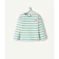 t-shirt bébé fille en coton bio blanc à rayures vertes avec patch brodé rose - 12 m