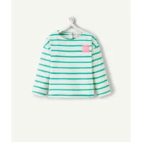 t-shirt bébé fille en coton bio blanc à rayures vertes avec patch brodé rose - 1 m