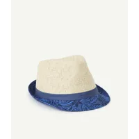 chapeau de paille garçon avec tissu bleu marine imprimé
