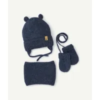 set tricot bébé garçon en fibres recyclées bleu bonnet moufles et snood - 3-9 m