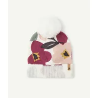 bonnet tricot fille écru et imprimé floral avec pompon - 10-14 a