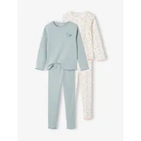 lot de 2 pyjamas fille fleurs en maille côtelée bleu grisé