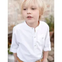 chemise col mao en coton/lin garçon manches retroussables blanc