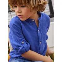 chemise en gaze de coton personnalisable garçon manches retroussables bleu moyen